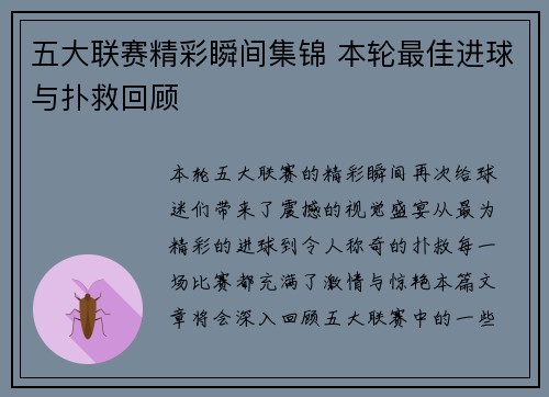 五大联赛精彩瞬间集锦 本轮最佳进球与扑救回顾 五大联赛精彩瞬间集锦 本轮最佳进球与扑救回顾