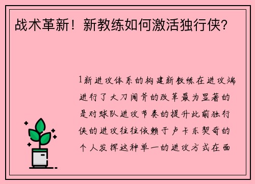 战术革新！新教练如何激活独行侠？